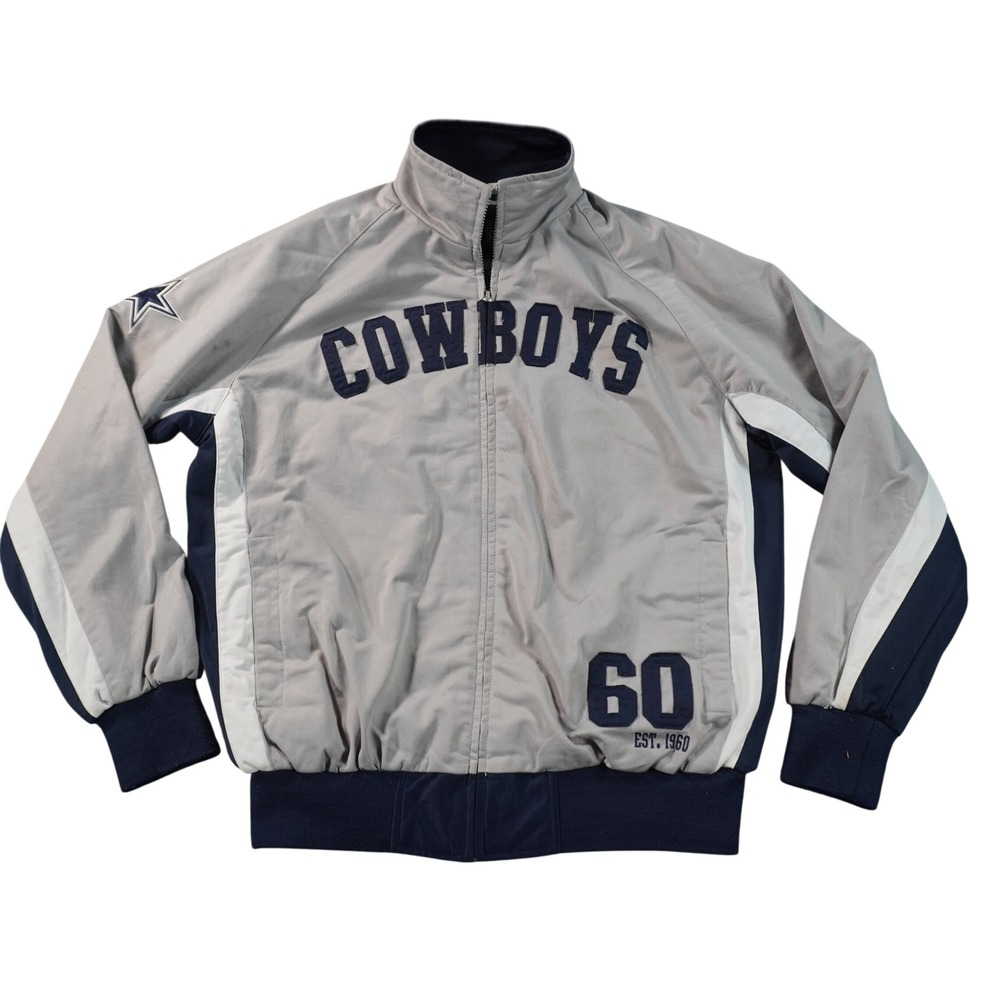 NFL Dallas Cowboys Jacket Mens XL Gray Navy Full Zip Track 60th Embroidered 1960